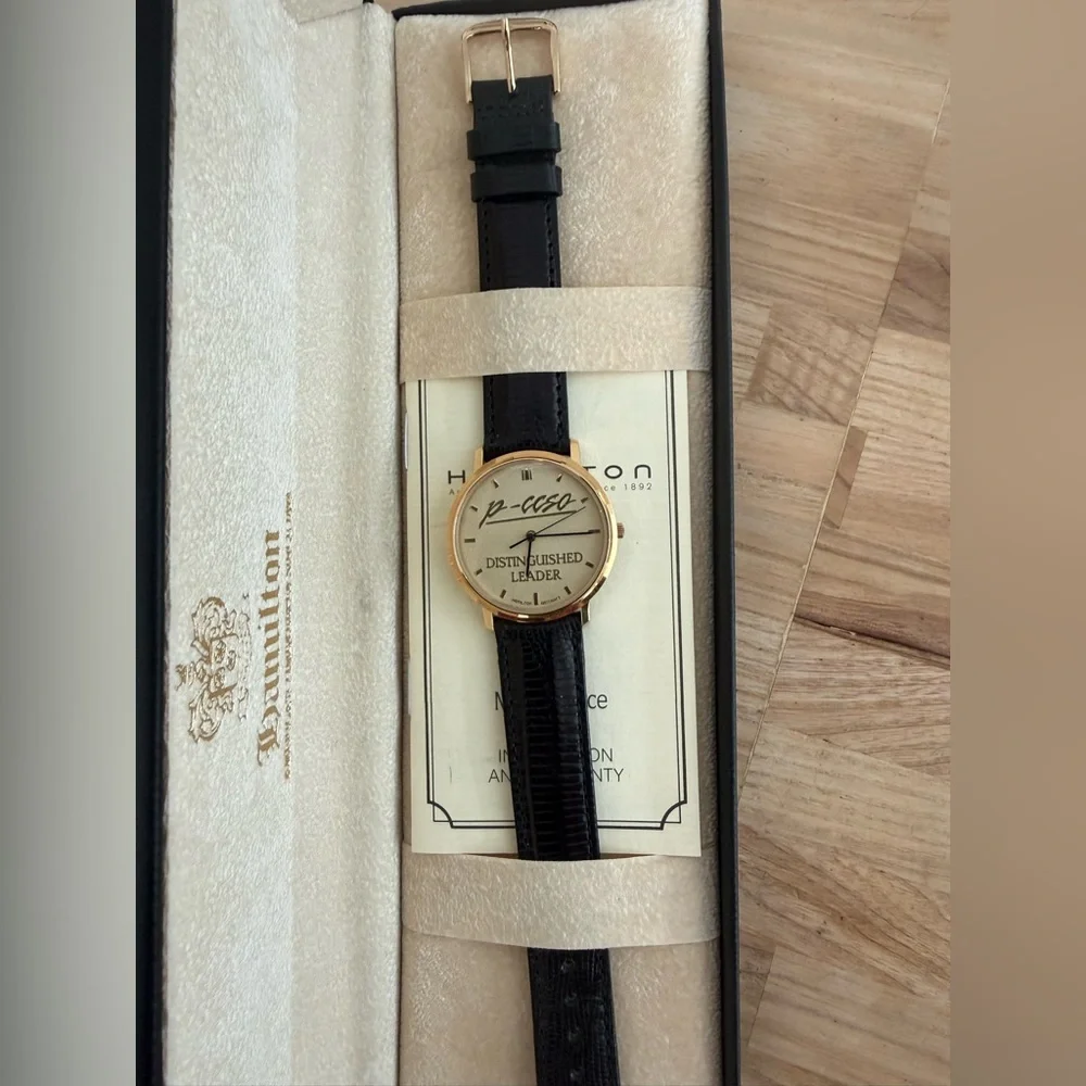 Hamilton Rare Distinguished Leader Watch New in Box Gold Dial Case Leather Strap